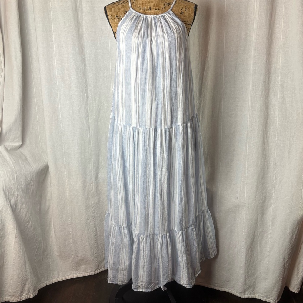 GAP 1969 Tiered Halter Neck Blue Stripe Maxi Dress Sz Small Lined Flowy
